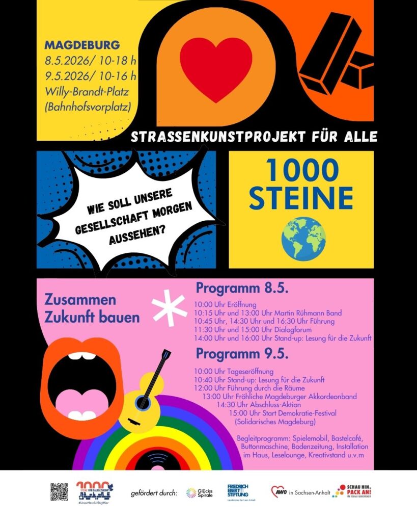 📍 Magdeburg | Willy-Brandt-Platz 🗓 8. Mai | 10–18 Uhr 🗓 9. Mai | 10–16 Uhr Magdeburg wird zum Treffpunkt für Visionen, Ideen und Hoffnung! Gemeinsam bauen wir etwas, das man nicht übersehen kann: das begehbare Haus der Zukunft als Symbol für Zusammenhalt. Was heißt das genau? 🔹 Über 300 Menschen haben 🔹 mit rund 2.000 individuell gestalteten Kartons 🔹 ein Bauwerk mit 2,5 Metern Höhe, 25 Metern Durchmesser 🔹 und im Zentrum eine 5–6 Meter hohe Säule der Gesellschaft erschaffen. Jeder einzelne „Stein“ steht für Wünsche, Ideen und Botschaften für eine gerechte, solidarische und lebenswerte Zukunft. Entstanden ist dieses einzigartige Projekt in zahlreichen Workshops im Rahmen der AWO-Initiative „1000 Steine – Wir bauen Zukunft“. 👉 Euch erwartet ein buntes Programm von zahlreichen Magdeburger Vereinen und Organisationen, spannende Begegnungen und die Möglichkeit, Teil von etwas Größerem zu werden. Kommt vorbei, bringt eure Perspektive ein und erlebt, wie Zukunft gemeinsam gebaut wird. 💬 Eure Ideen zählen. Eure Stimmen zählen. Du zählst. https://www.awo-sachsenanhalt.de/mitmachen/awo-ehrenamtsakademie/1000-steine 